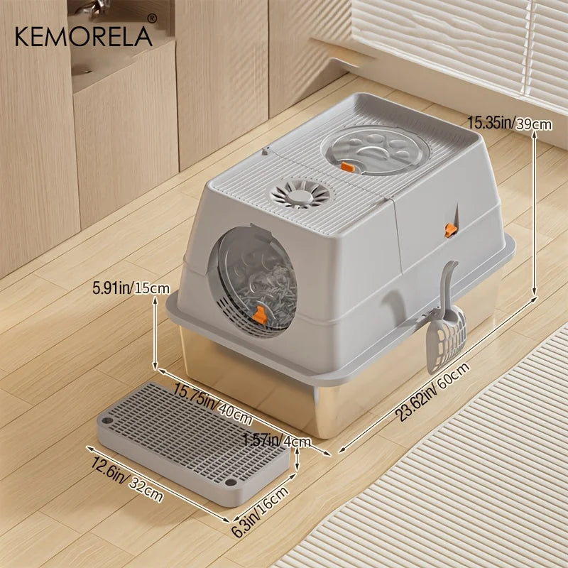 KEMORELA Stainless Steel Cat Litter Box Xlextra Large Litter Box for Big Cats Enclosed Removable with High Sided Enclosure Scoop