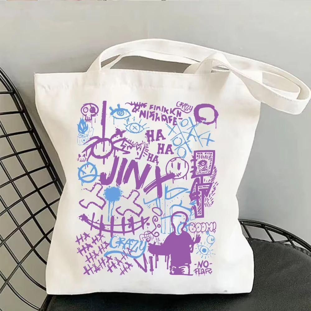 Anime Arcane-Jinx Print Shoulder Bag Women Reusable Shopping Bag Folding Handbags Tote Bag Canvas Bag