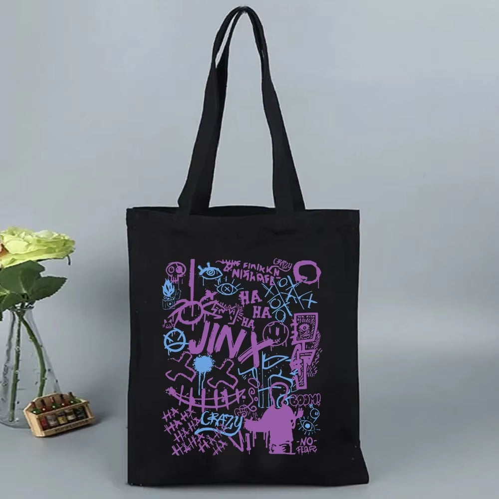 Anime Arcane-Jinx Print Shoulder Bag Women Reusable Shopping Bag Folding Handbags Tote Bag Canvas Bag