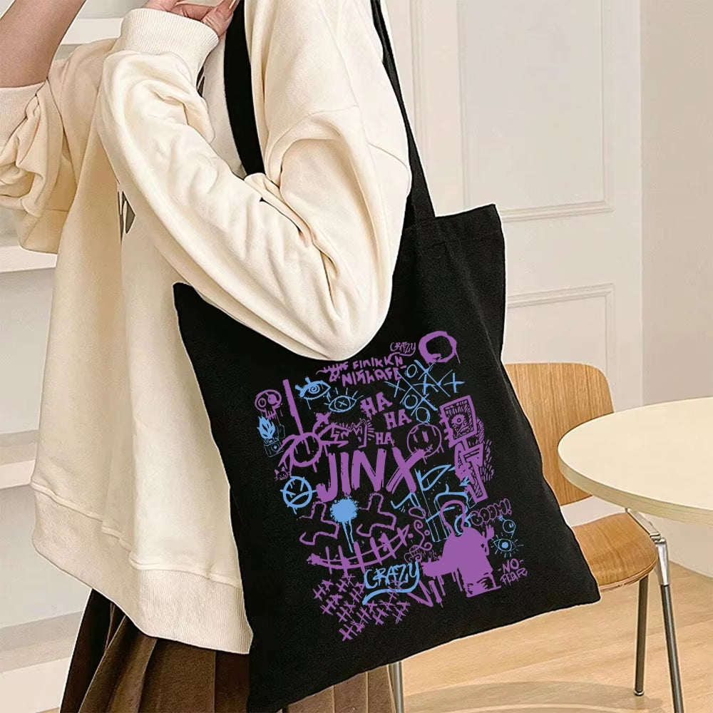 Anime Arcane-Jinx Print Shoulder Bag Women Reusable Shopping Bag Folding Handbags Tote Bag Canvas Bag