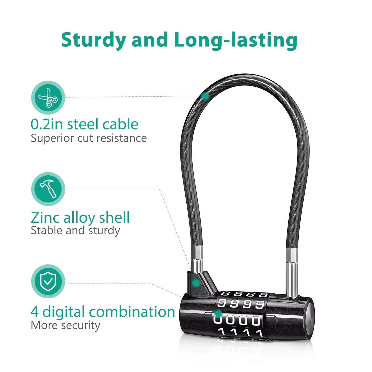 4 Digit Combination Padlock Resettable Padlock with Steel Cable Rope Waterproof Cable Lock Gate Locks for Gym Suitcase Bag Bike