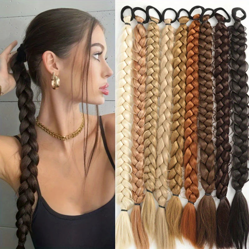 24 Inch Synthetic Long Braided Ponytail Hair Extensions for Women with Elastic Band Hair Accessories