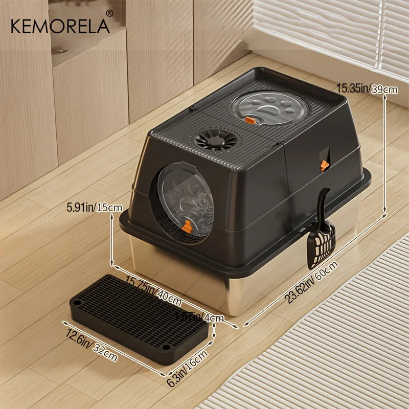 KEMORELA Stainless Steel Cat Litter Box Xlextra Large Litter Box for Big Cats Enclosed Removable with High Sided Enclosure Scoop