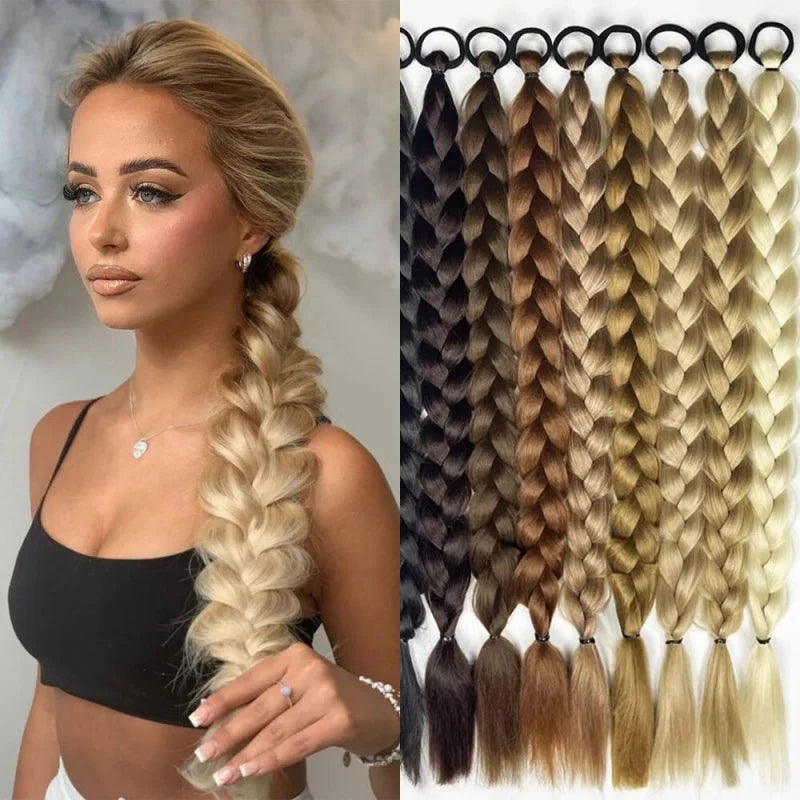 24 Inch Synthetic Long Braided Ponytail Hair Extensions for Women with Elastic Band Hair Accessories