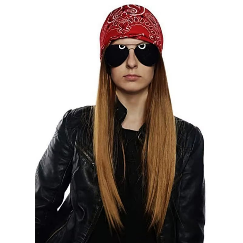 Adult Synthetic Wig Hat Men Women Hippy Brown Straight Long Wig Sunglass Headscarf Rock Hip Hop Cosplay Party Fancy Costume Prop