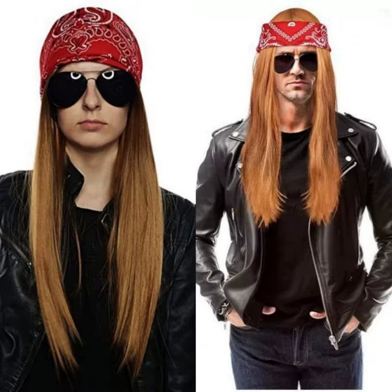 Adult Synthetic Wig Hat Men Women Hippy Brown Straight Long Wig Sunglass Headscarf Rock Hip Hop Cosplay Party Fancy Costume Prop
