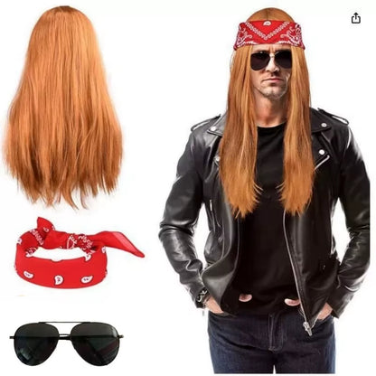 Adult Synthetic Wig Hat Men Women Hippy Brown Straight Long Wig Sunglass Headscarf Rock Hip Hop Cosplay Party Fancy Costume Prop
