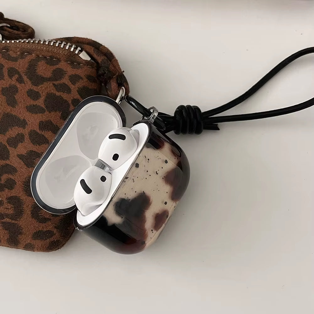 Cute Black Agate Dizzying Dirty Spot Case for Airpods 1 2 3 Pro 2 4 ANC Pro2 Earphone Protective Cover with Keyring Leather Rope