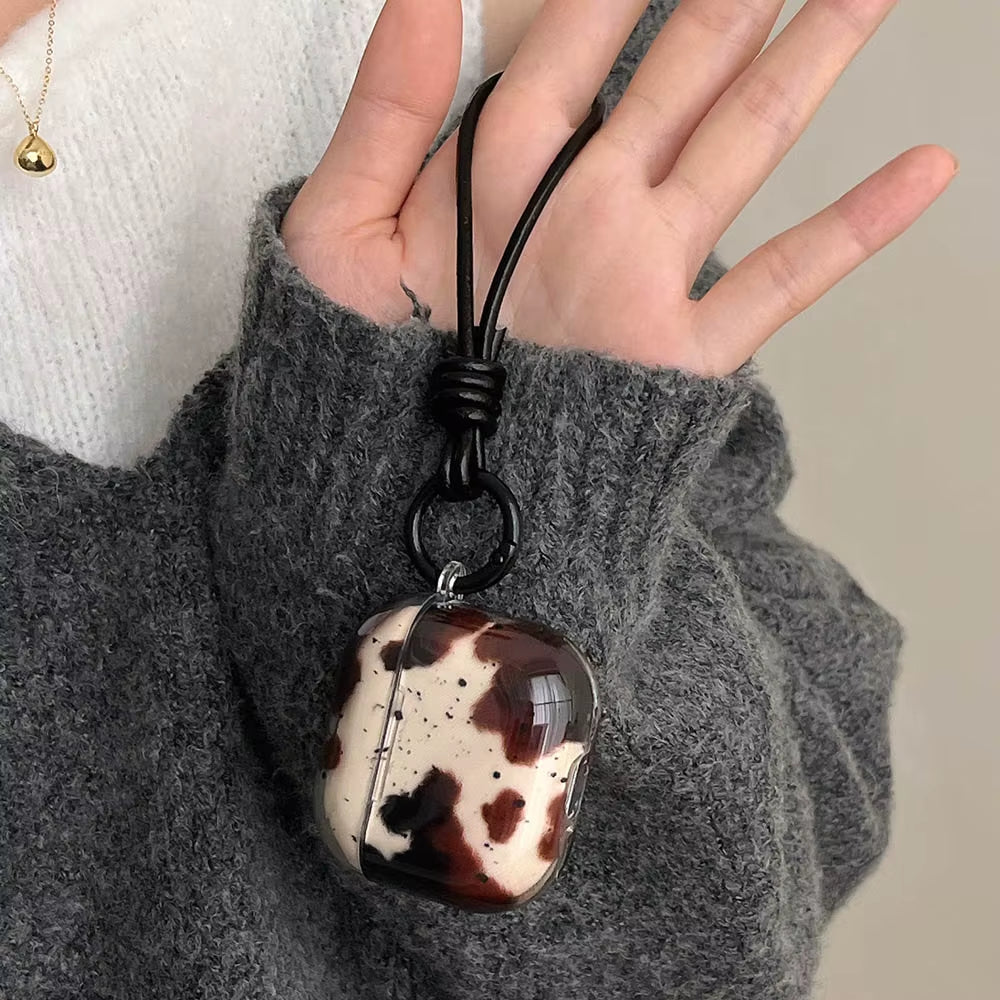 Cute Black Agate Dizzying Dirty Spot Case for Airpods 1 2 3 Pro 2 4 ANC Pro2 Earphone Protective Cover with Keyring Leather Rope