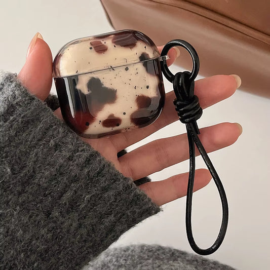 Cute Black Agate Dizzying Dirty Spot Case for Airpods 1 2 3 Pro 2 4 ANC Pro2 Earphone Protective Cover with Keyring Leather Rope
