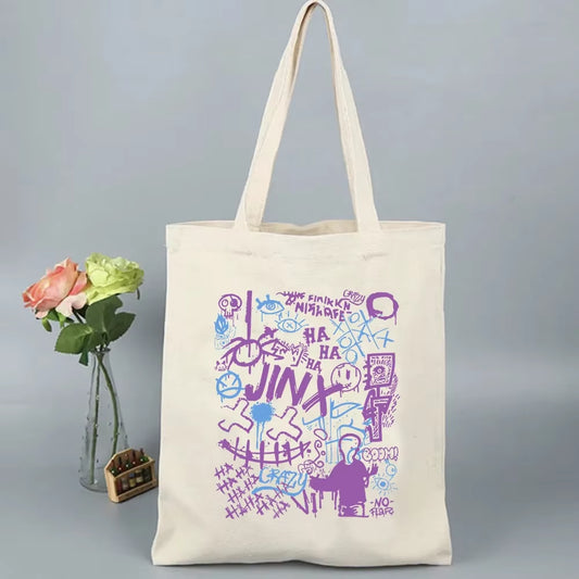 Anime Arcane-Jinx Print Shoulder Bag Women Reusable Shopping Bag Folding Handbags Tote Bag Canvas Bag