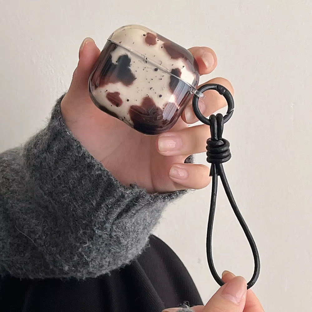 Cute Black Agate Dizzying Dirty Spot Case for Airpods 1 2 3 Pro 2 4 ANC Pro2 Earphone Protective Cover with Keyring Leather Rope