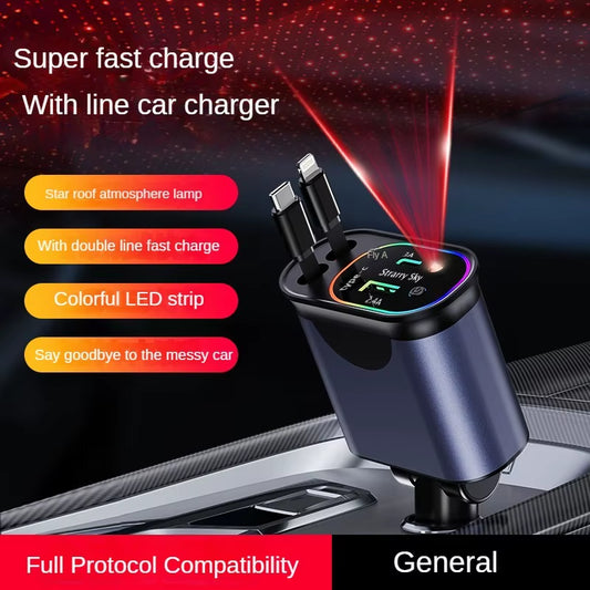 120W Retractable Car Charger Fast Charger USB+PD30W Power Adapter 4-In-1 Phone Charger with Roof Starlight for IOS Android Phone