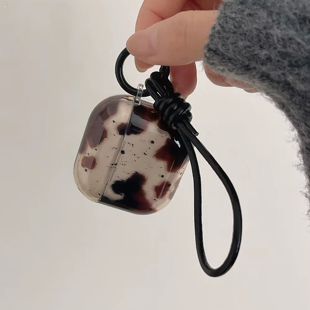 Cute Black Agate Dizzying Dirty Spot Case for Airpods 1 2 3 Pro 2 4 ANC Pro2 Earphone Protective Cover with Keyring Leather Rope