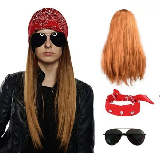Adult Synthetic Wig Hat Men Women Hippy Brown Straight Long Wig Sunglass Headscarf Rock Hip Hop Cosplay Party Fancy Costume Prop