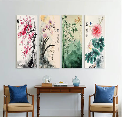 Chinese Flowers Bamboo Orchid Plum Chrysanthemum Print Poster Nordic Canvas Painting Can Be Used as a Gift Home Room Decoration