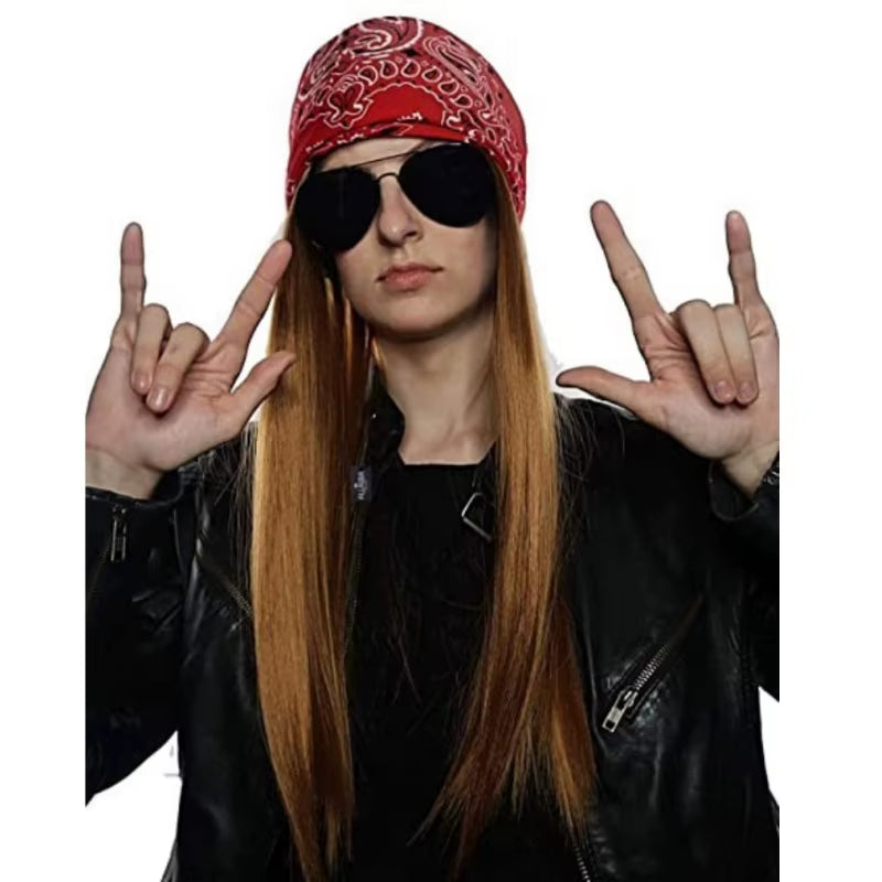 Adult Synthetic Wig Hat Men Women Hippy Brown Straight Long Wig Sunglass Headscarf Rock Hip Hop Cosplay Party Fancy Costume Prop