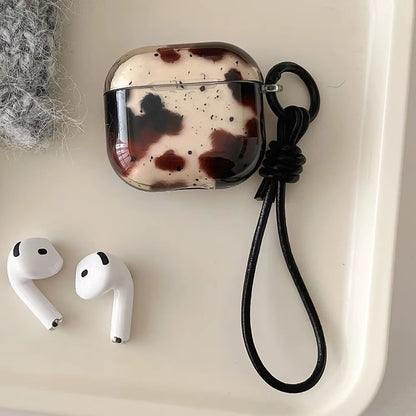 Cute Black Agate Dizzying Dirty Spot Case for Airpods 1 2 3 Pro 2 4 ANC Pro2 Earphone Protective Cover with Keyring Leather Rope