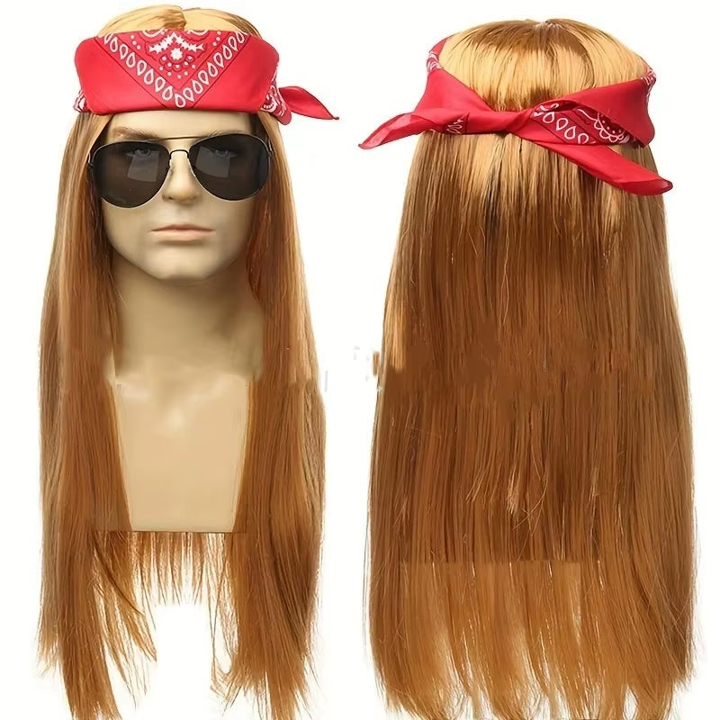 Adult Synthetic Wig Hat Men Women Hippy Brown Straight Long Wig Sunglass Headscarf Rock Hip Hop Cosplay Party Fancy Costume Prop